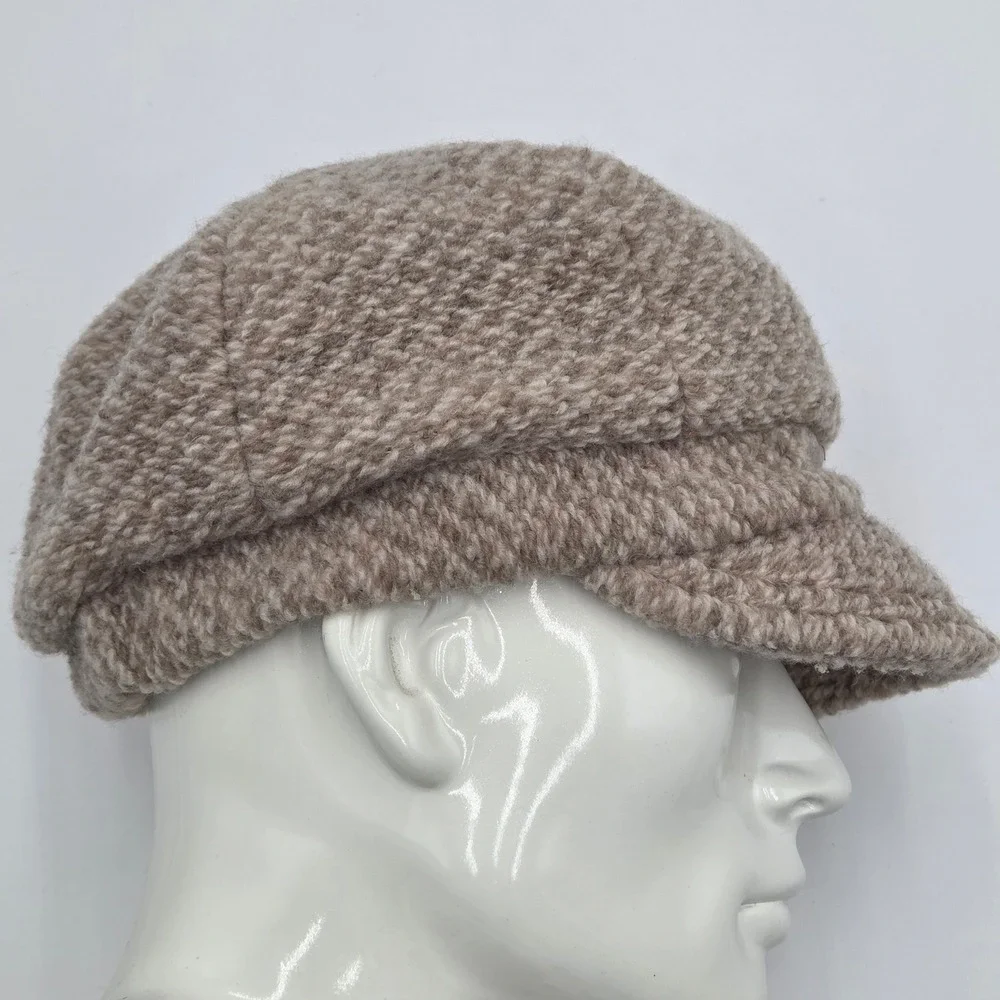Bordoni Womens Newsboy Cap Beige Wool Blend Herringbone Made in Italy